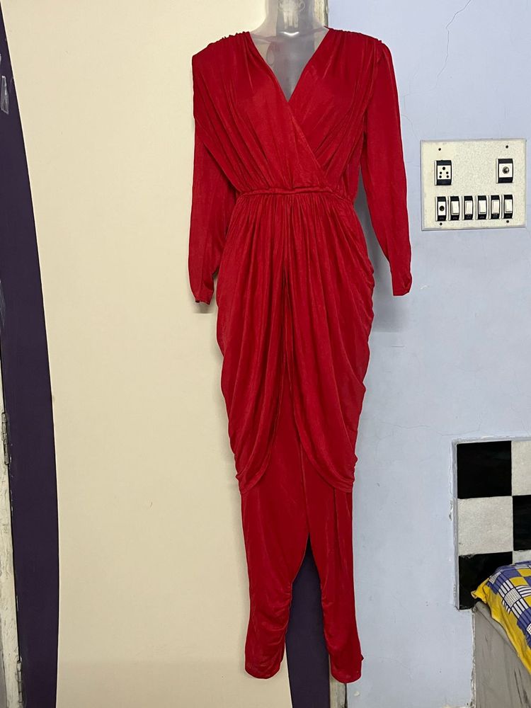 Red Dhoti Style Attached Bottom Dress