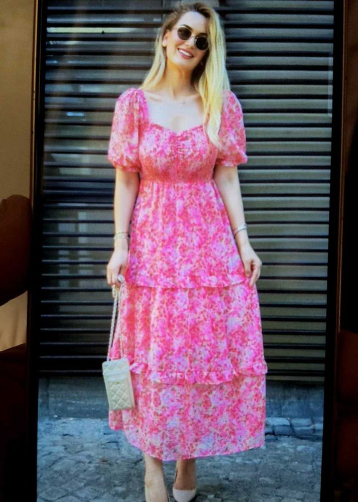 Pink Floral Midi Dress