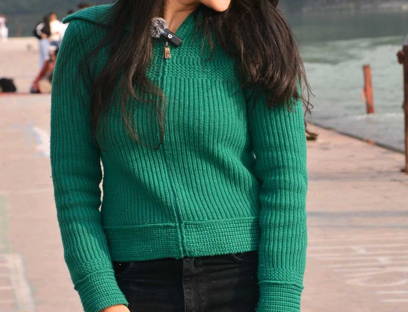 Green Knit Zip-Up Cardigan