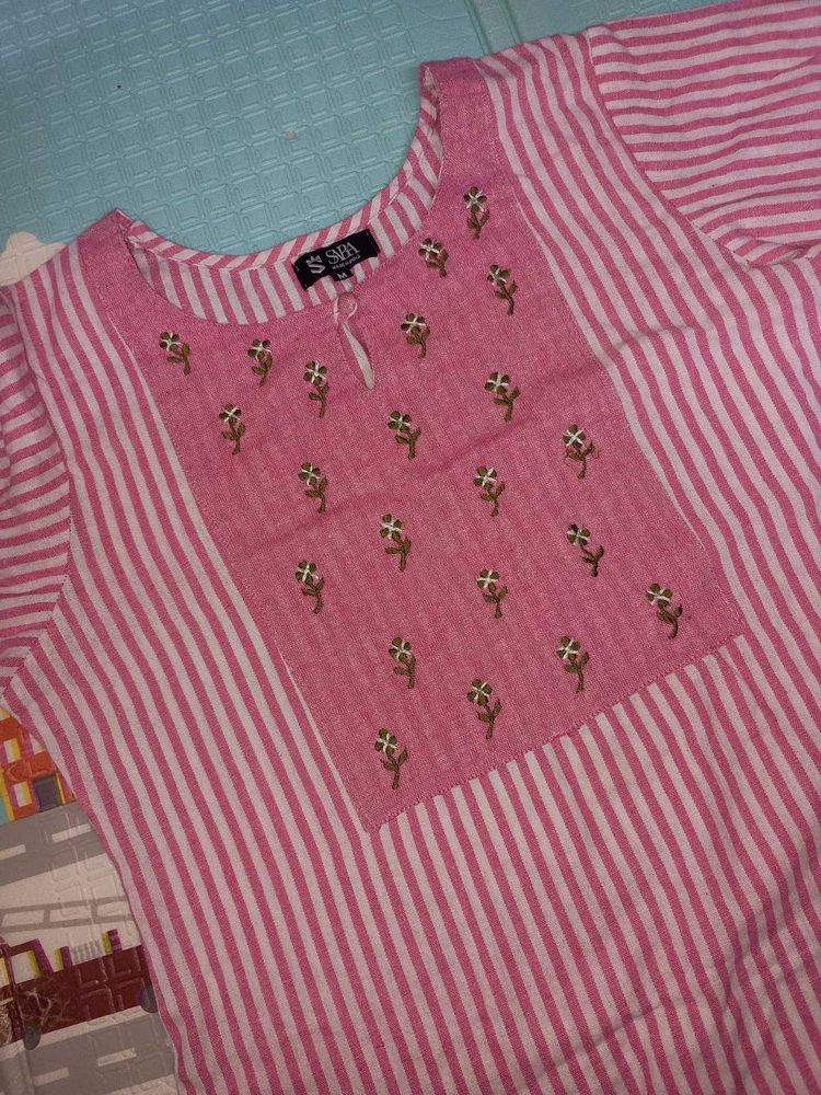 Pink Striped Embroidered Kurta pure cotton