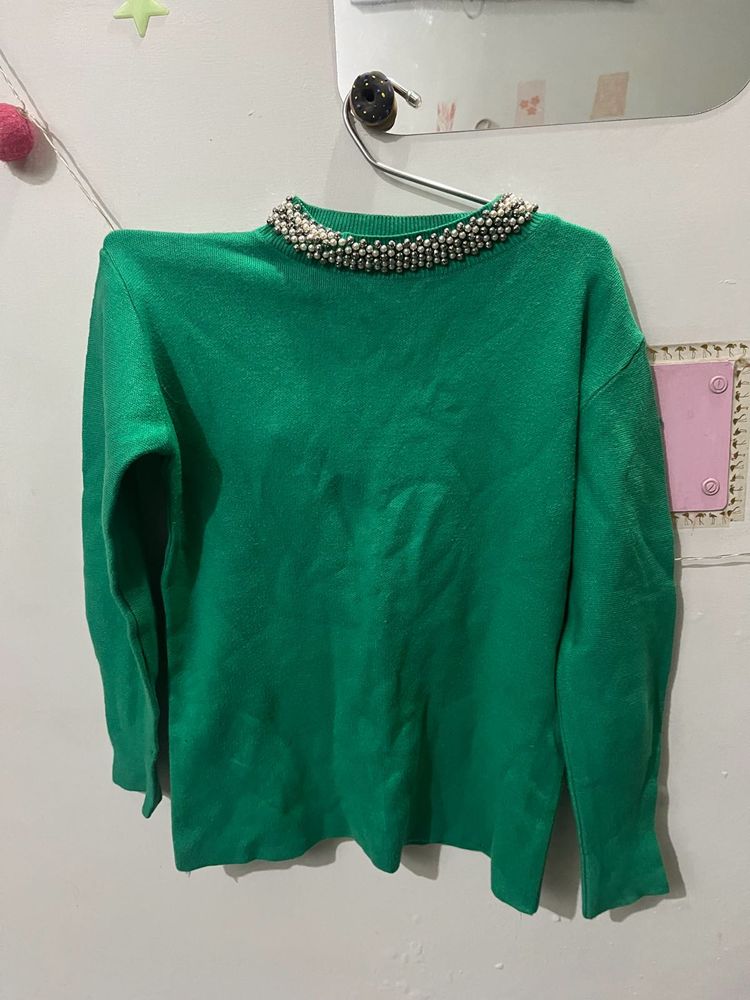 Green Beaded Collar Sweater