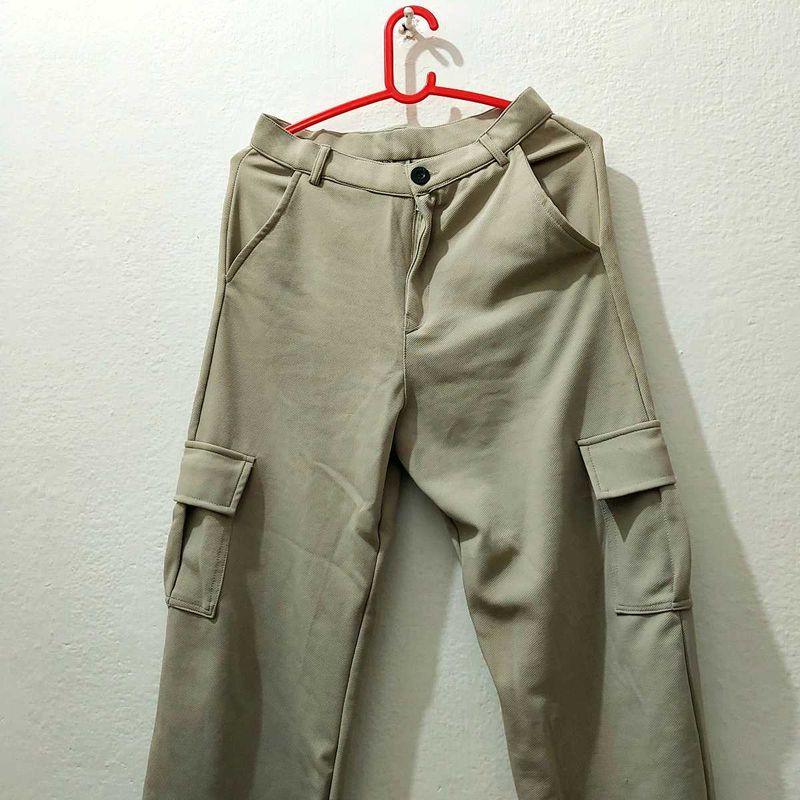 Beige Wide-Leg Cargo Pants