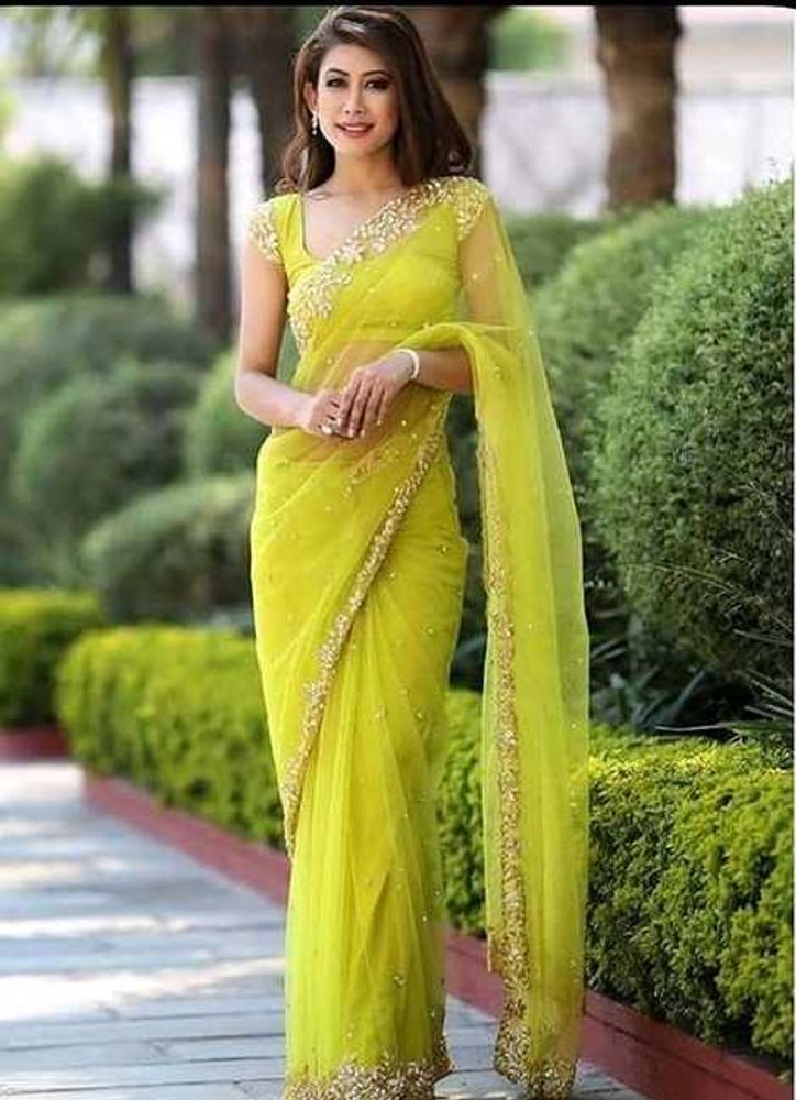 Elegant Chartreuse Saree with Gold Embellishments