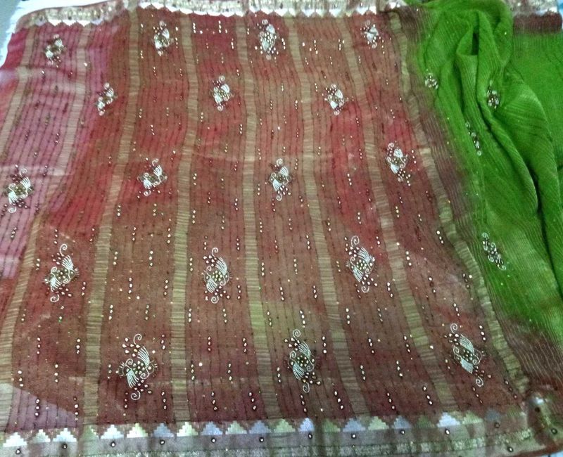 Saree green brown and golden