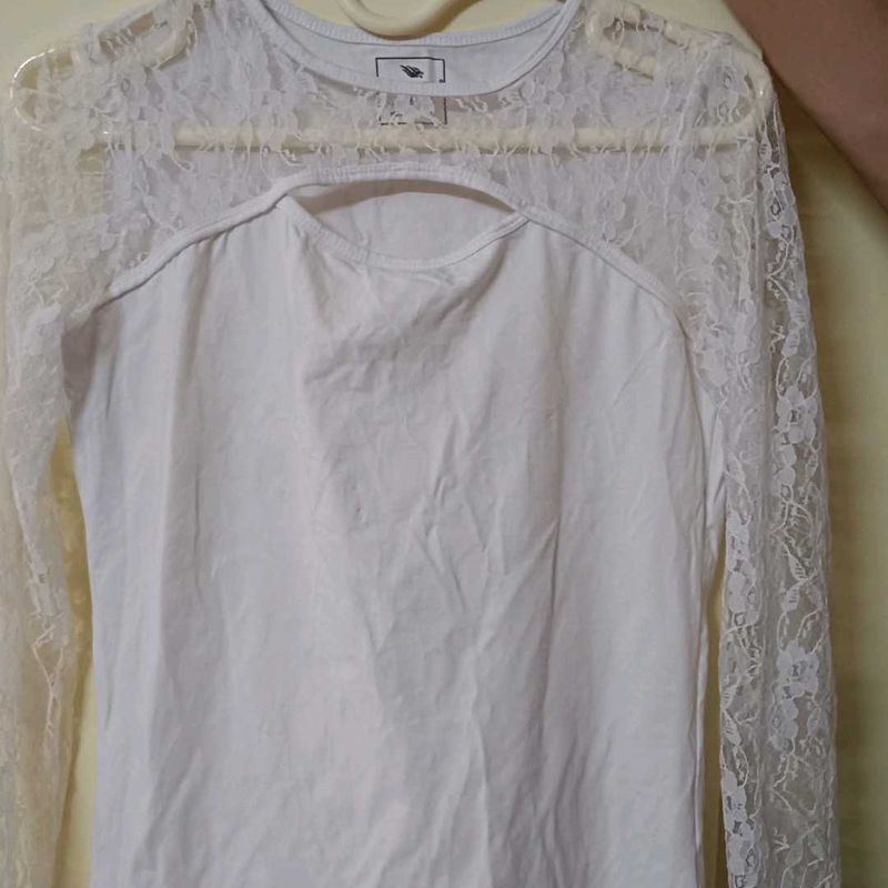White Lace Sleeve Cutout Top