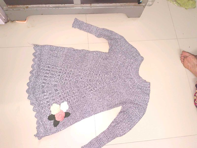 Gray Knit Sweater with Floral Applique