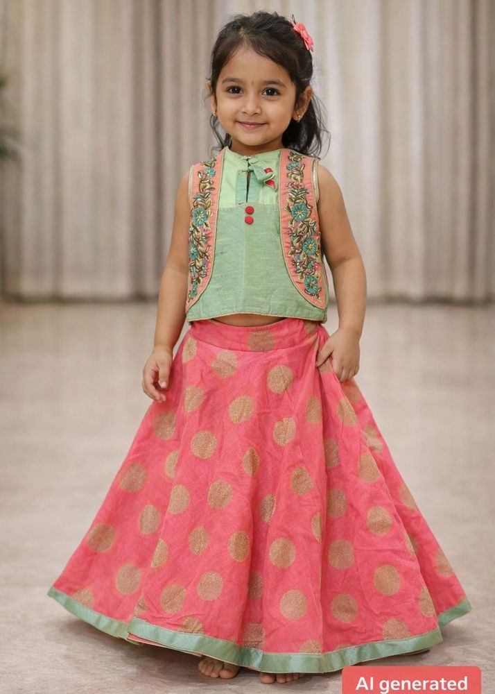 Ethnic Girls Zardozi Lehenga in Silk