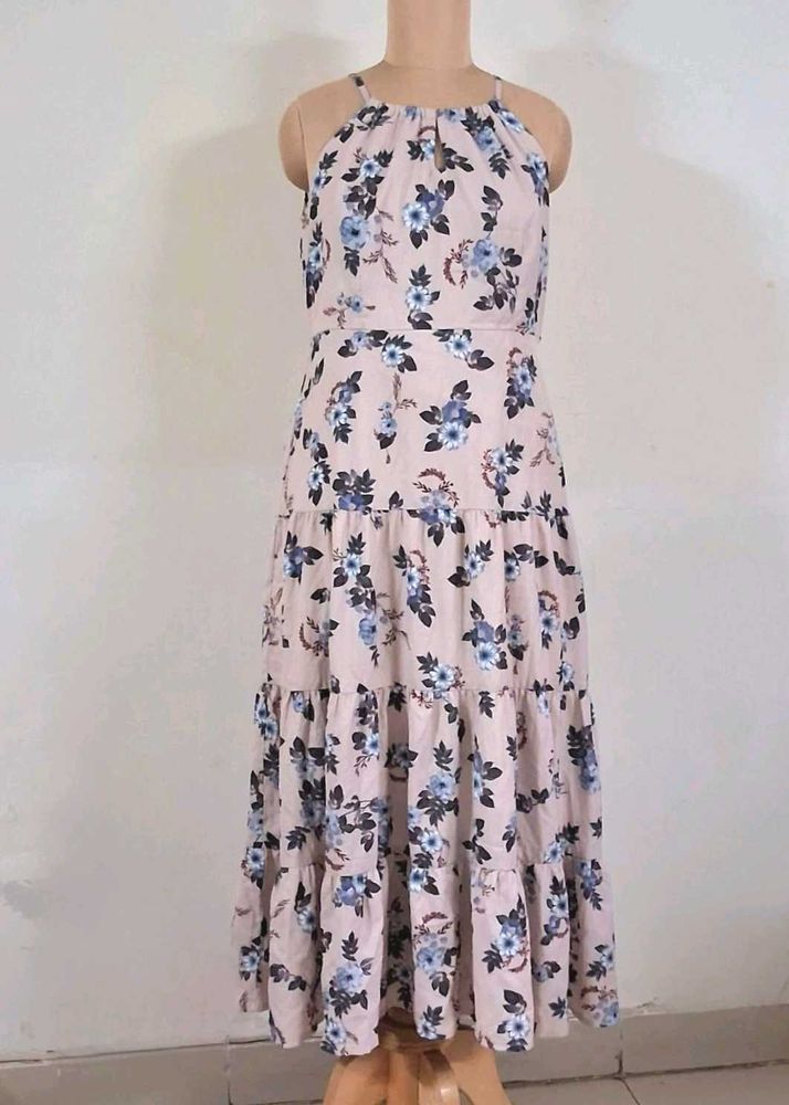 FabAlley Beige Floral Print Maxi Dress halter neck