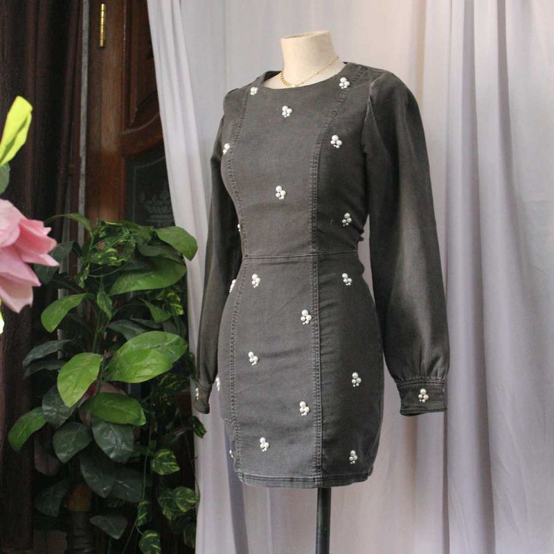H&amp;M Gray Embellished Denim Mini Dress