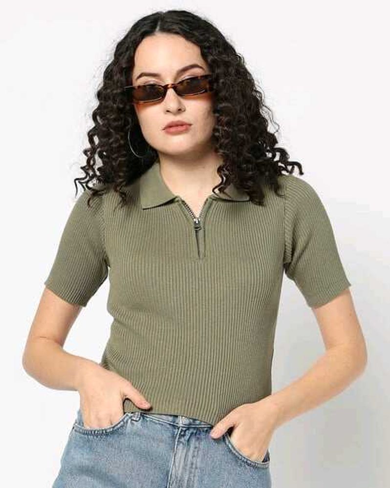 Olive Green Ribbed Polo Top