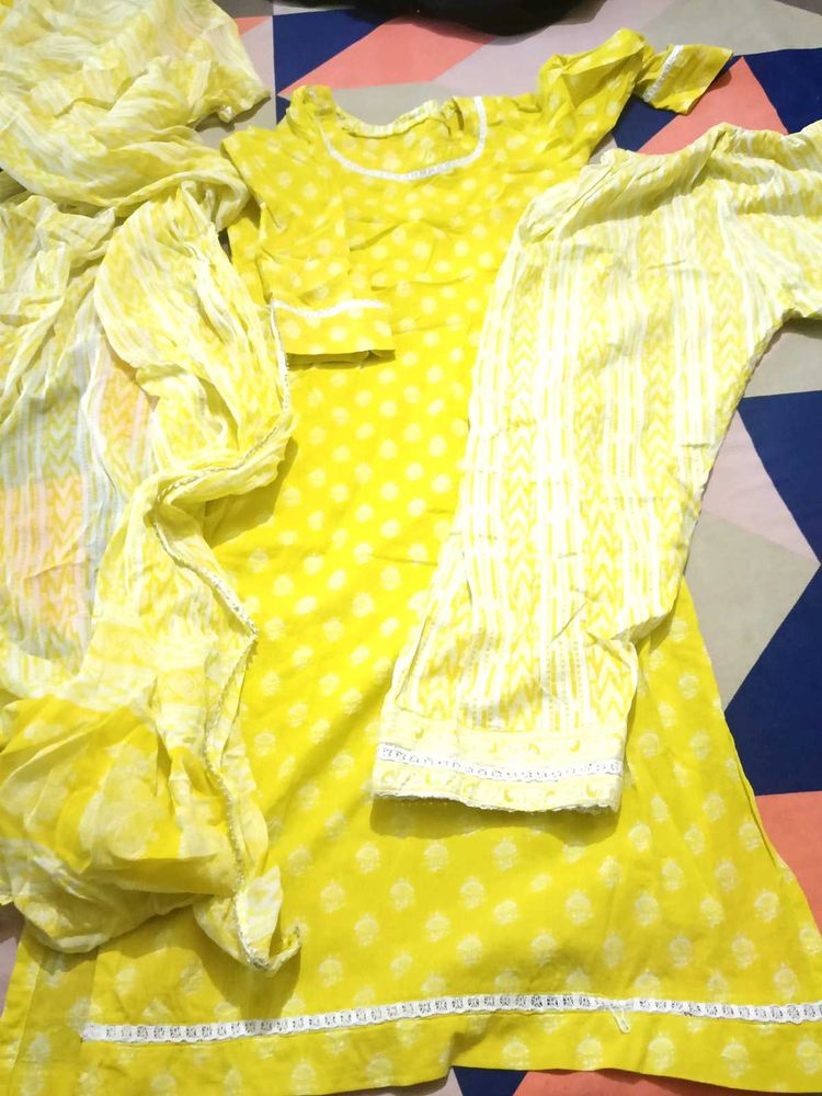Yellow Kurta Pant With Dupatta Set