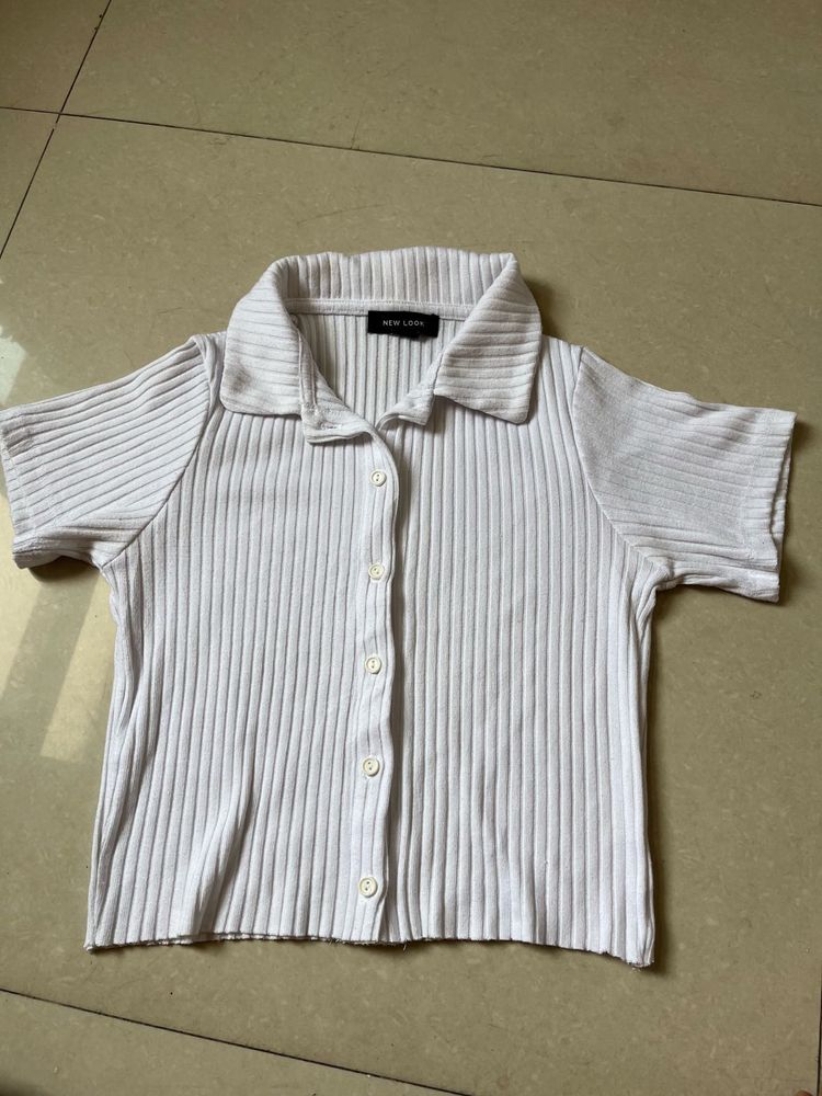White Ribbed Button-Up Top