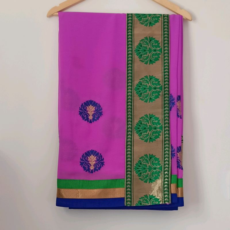 Pink Saree with Green &amp; Blue Details