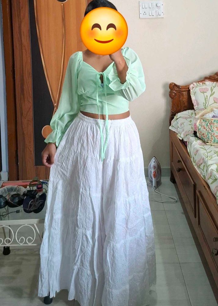 Mint Crop Top &amp; White Skirt Set