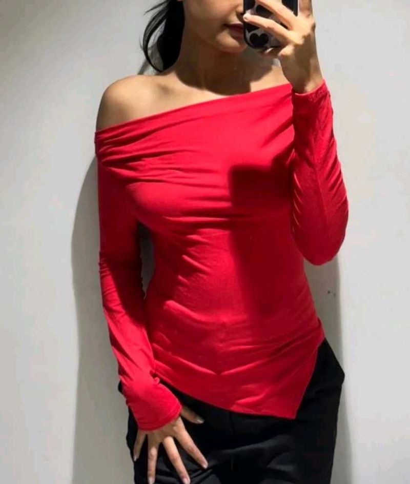 Red Off-Shoulder Long Sleeve Top