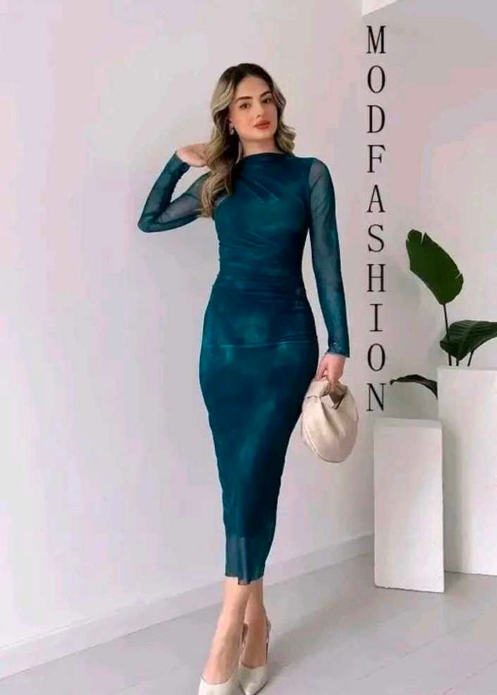MOD APPARELS Elegant Teal Mesh long sleeve bodycon