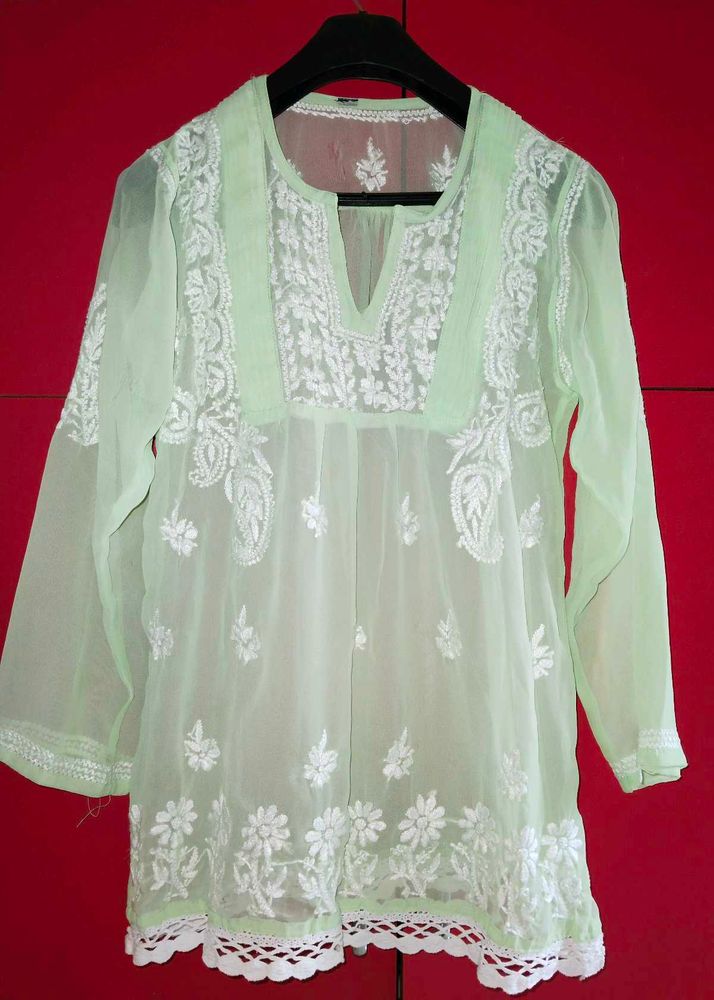 Pretty Green Net Top With Embroidery