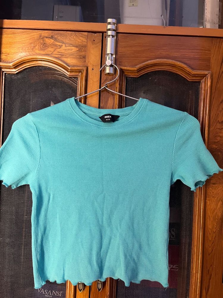 Aqua Ribbed Ringer Tee - Size S