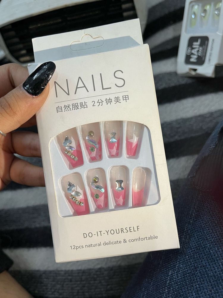 Pink Rhinestone Press-On Nails