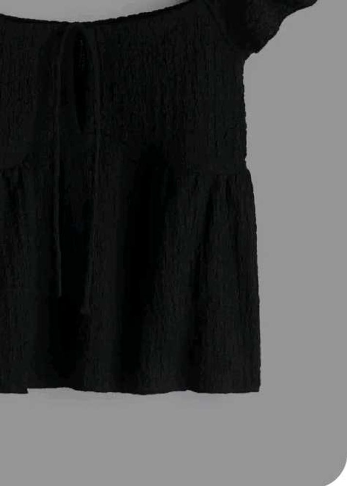 H&amp;M Black Textured Tie-Neck Top