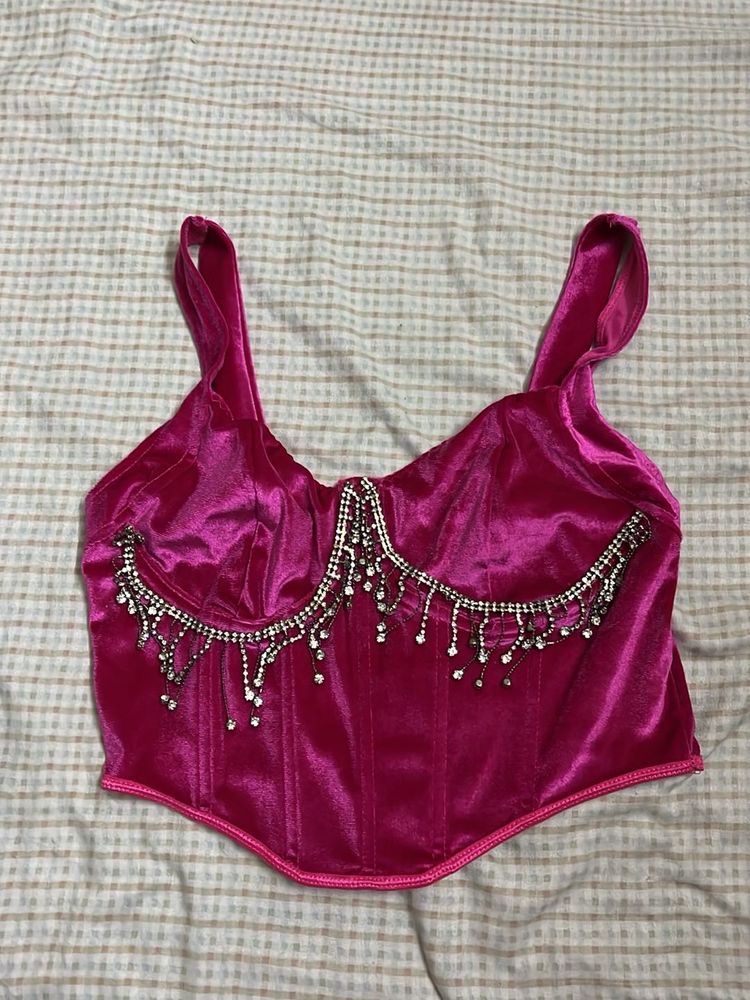 Pink Velvet Embellished Corset Top