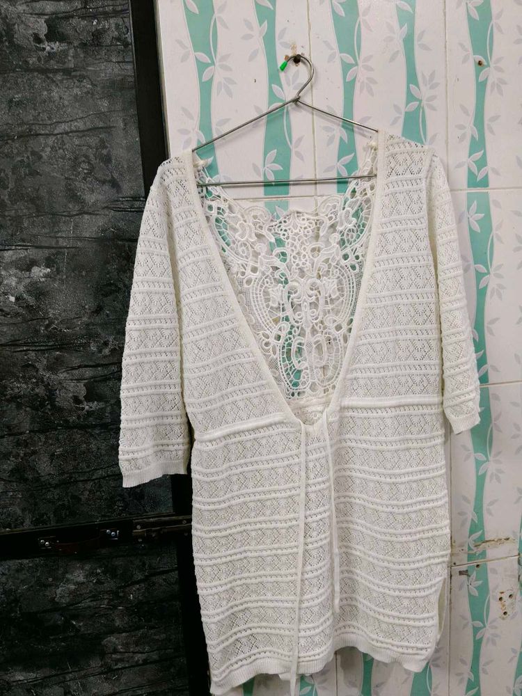 Elegant Off-White Crochet &amp; Lace Shrug Dress
