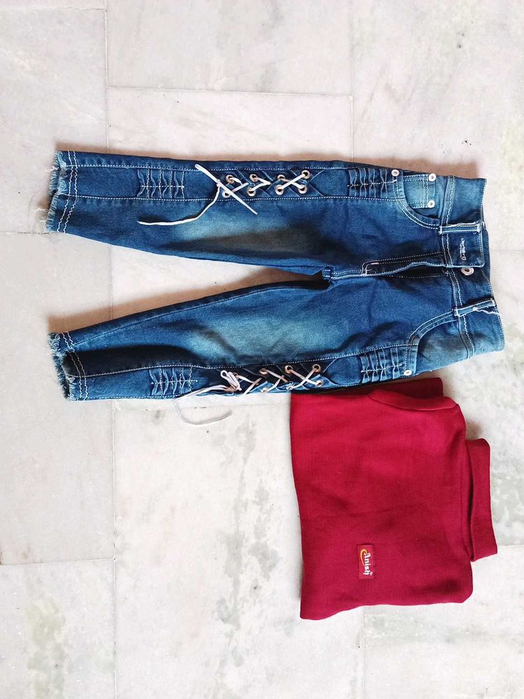 Highneck Woollen Tshirt And 3 Quarter Jeans.