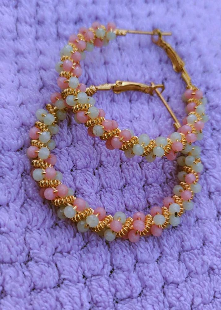 Pink &amp; Green Beaded Hoop Earrings