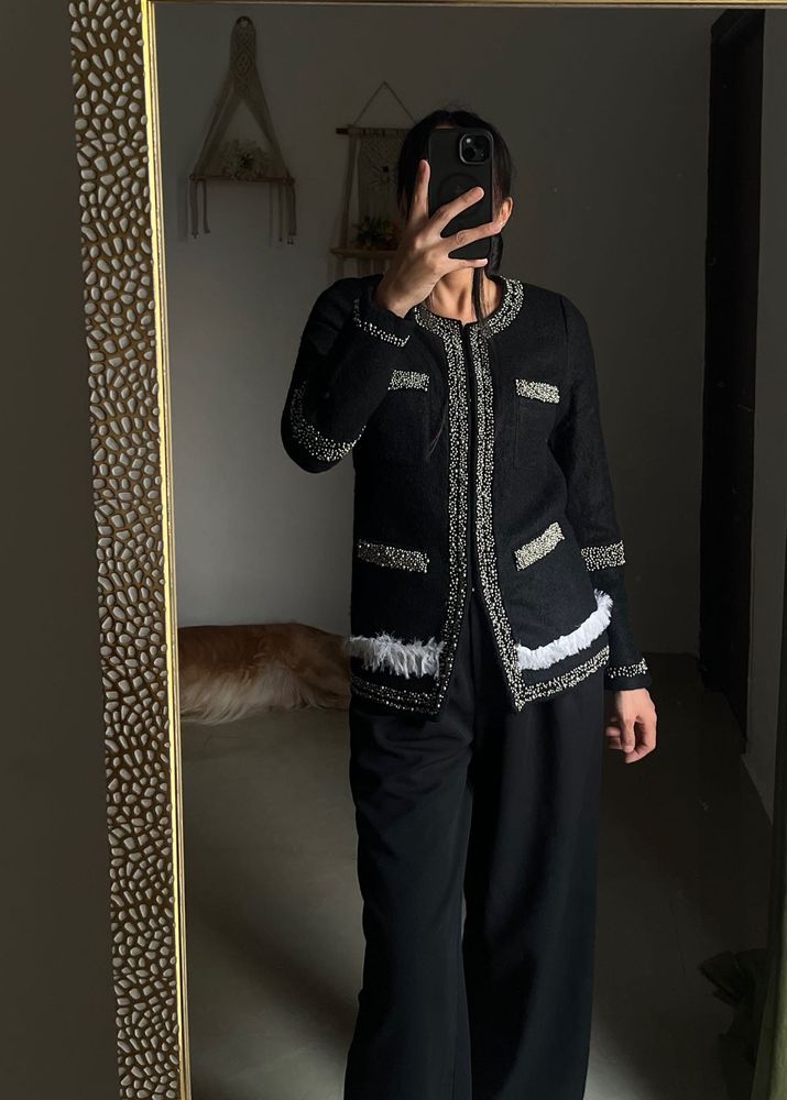 Exquisite Black Beaded &amp; Fringed Statement Blazer