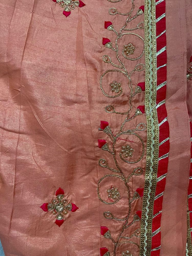 Peach &amp; Red Embroidered Fabric Saree