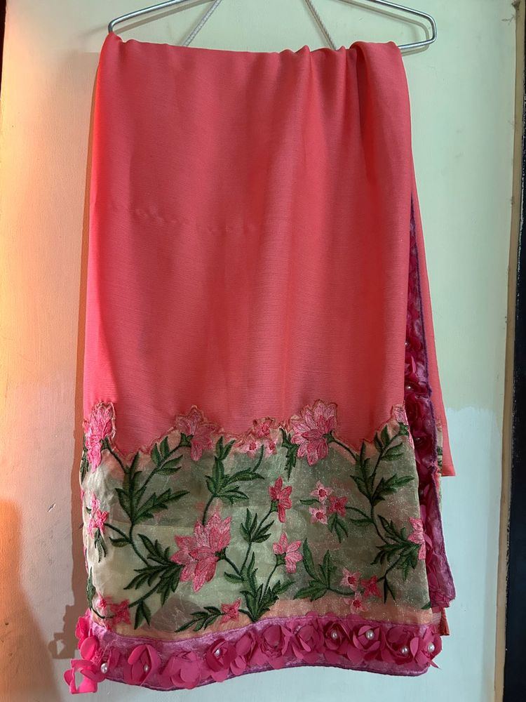 Coral Floral Embroidered Sari