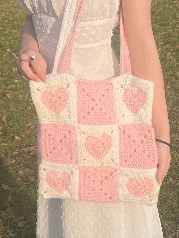 Handmade Crochet Heart Tote Bag