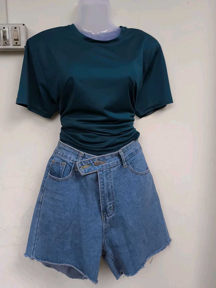 Blue Jean Shorts &amp; Teal Top Set