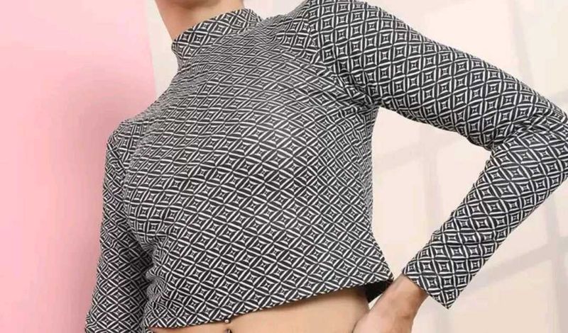 Tokyo Talkies Printed High Neck Jacquard Top