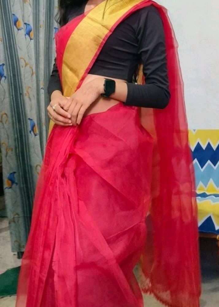 Red Organza Saree With Golden Border