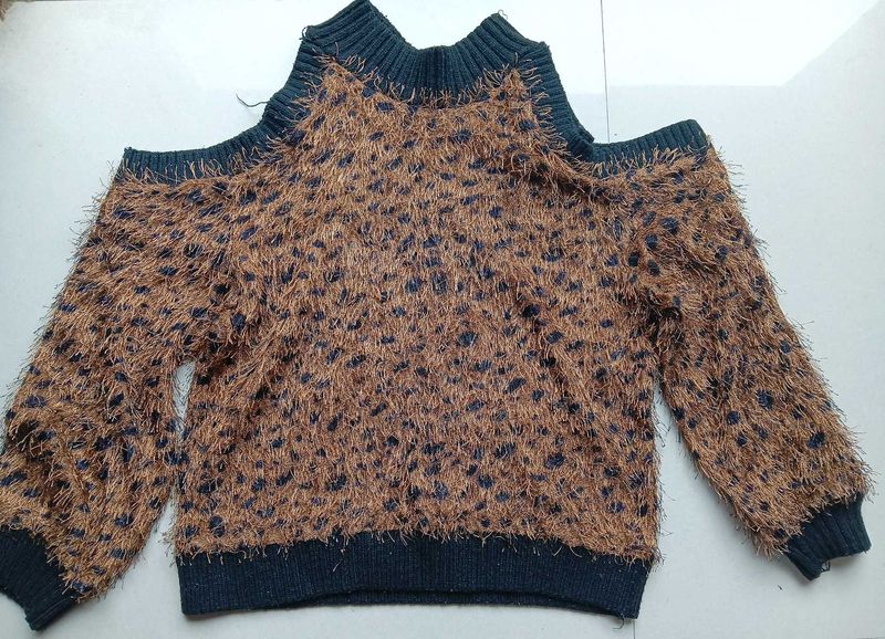 Cold Shoulder Fuzzy Leopard Print Sweater
