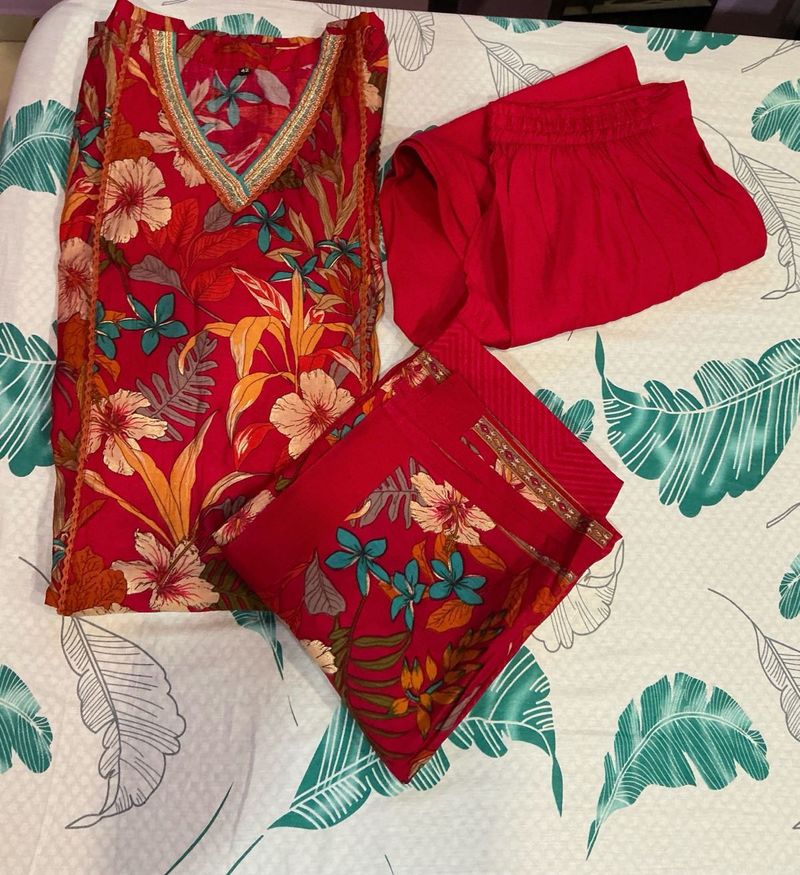 3 Piece: Floral Print Kurta Pant Dupatta Set Women