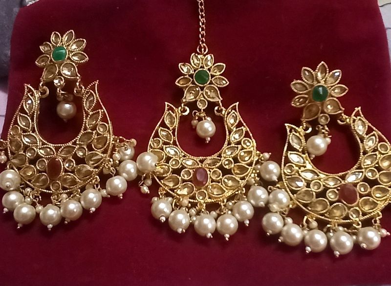 💥🆕️ Kundan &amp; Pearl Chandbali And Maangtika Set