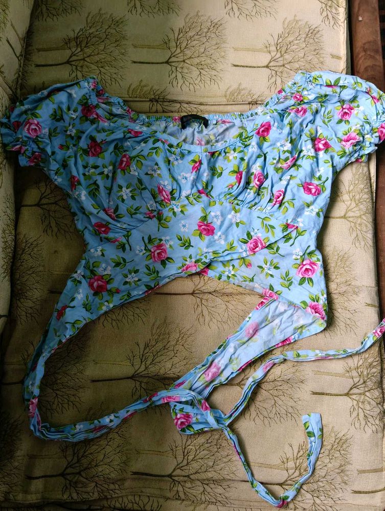 CLEARANCE Blue Floral Blouse Wrap Crop Top