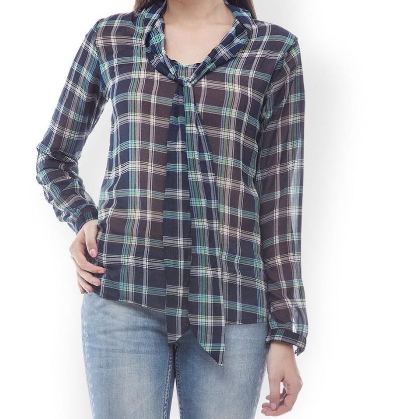 Plaid Tie Neck Shirt Top