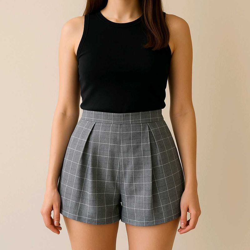 Korean Style High-Waist Checkered Pleated Shorts