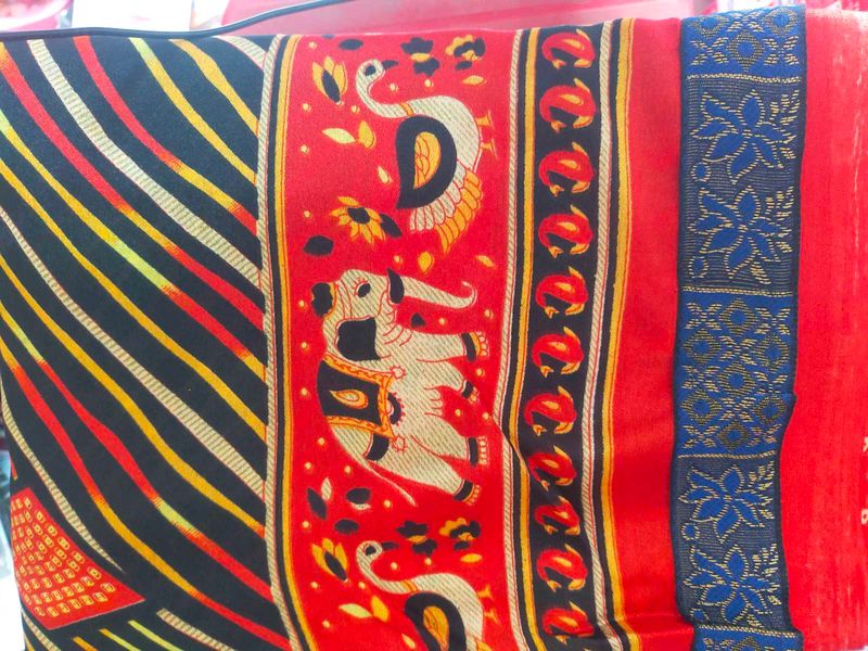 Red Elephant &amp; Peacock Print Saree
