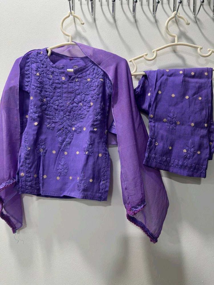 Purple Chikankari Girls Kurta Set