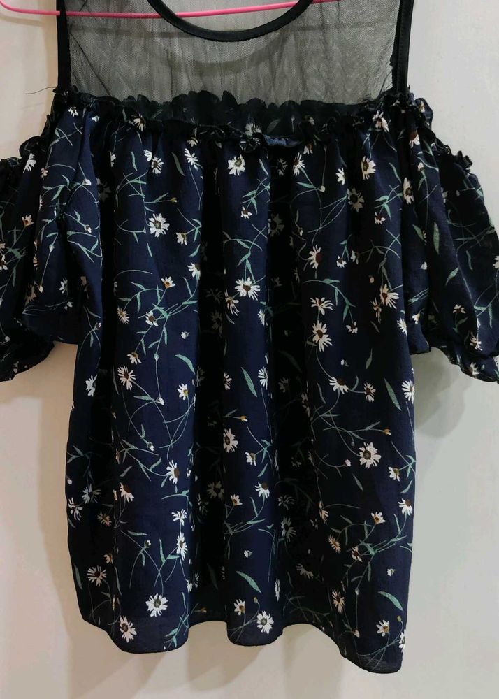 Floral Mesh Cold Shoulder Top