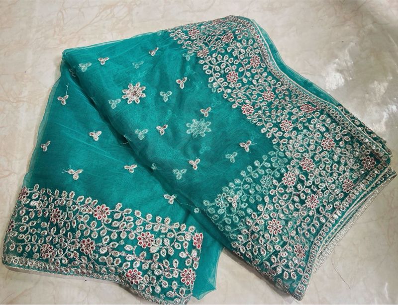 Embroidery Aqua Green Net Saree With Sequins 🫧