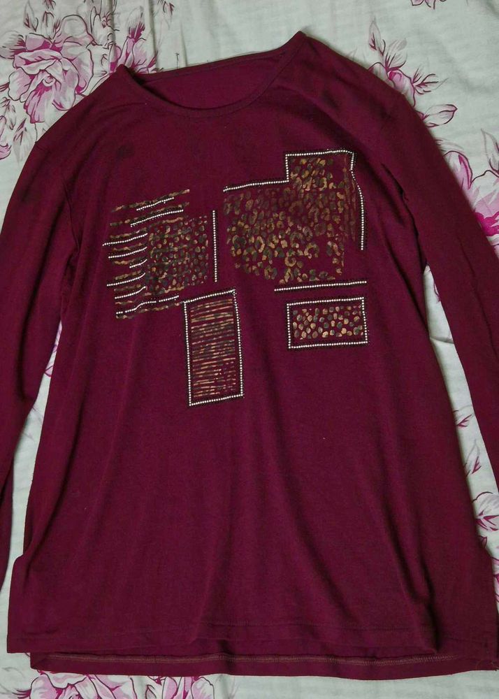 Elegant Maroon Embellished Long Sleeve Top for Wom