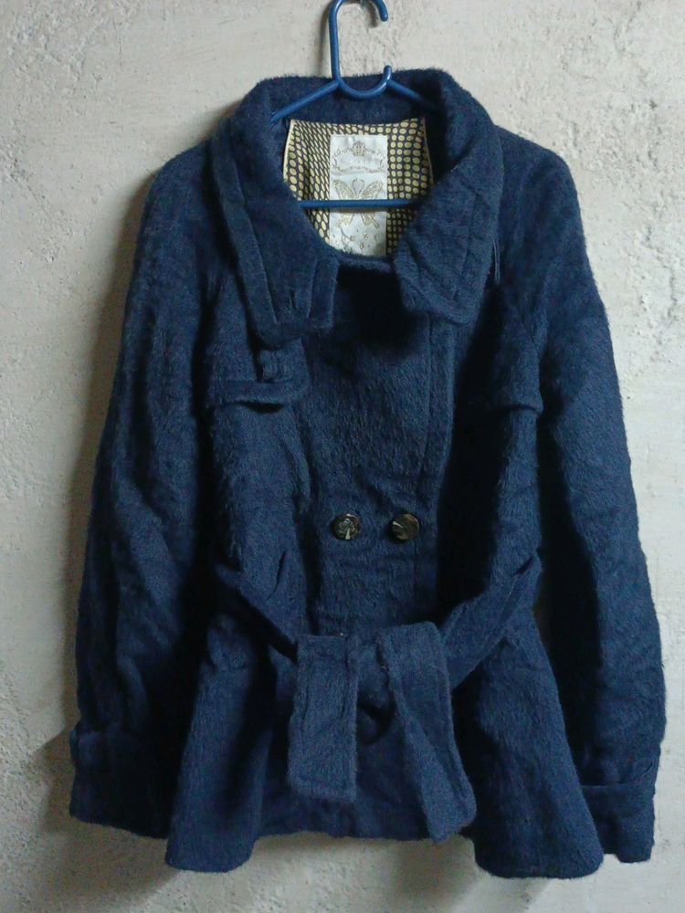 Stylish Winter FurJacket Woolen Coat Blue