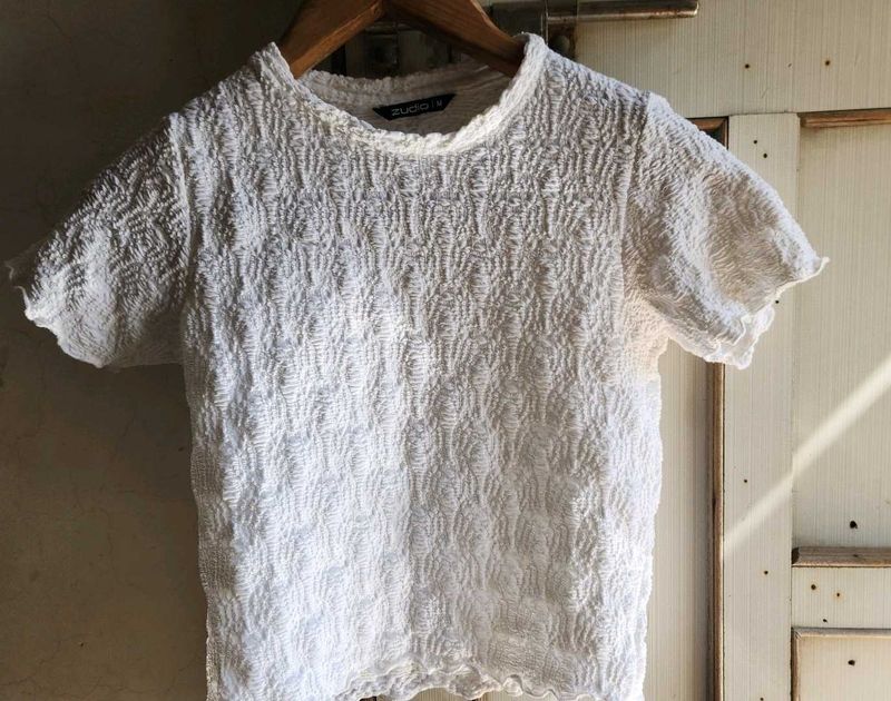 White Textured Short Sleeve Top