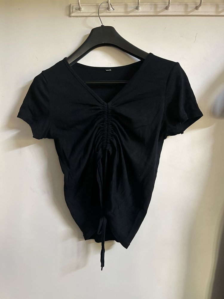 Black V-Neck Ruched Top