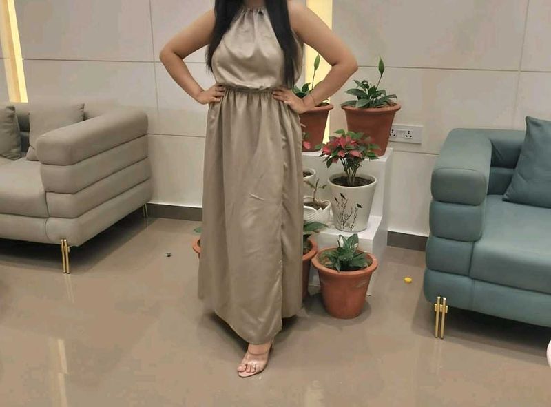 Satin Dress With Halterneck And Side Slit On Left